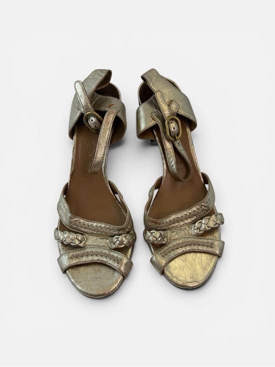 Chloe Shoes - Chloé Metallic Gold Leather Braided Sandal Heels